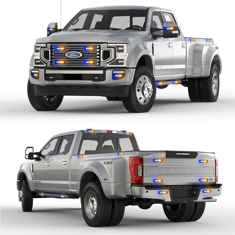 PKINGLAKE 8-Pcs 12 LED Sync Feature Emergency Strobe Grille Lights Ultra Slim Surface Mount Hazard Warning Flashing Light Bar for Firefighter/Construction/Police/Trucks/Vehicles/Car/SUV (Blue/Amber) - Image 2